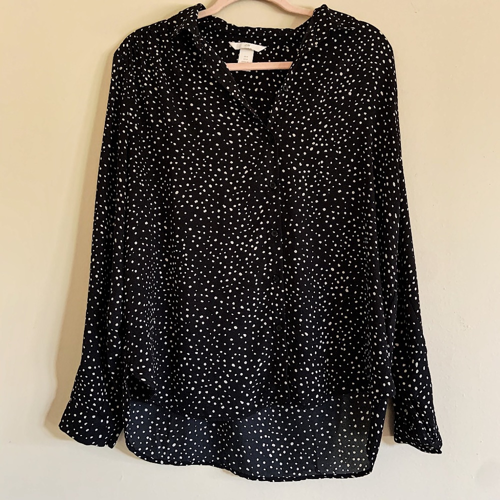 H&M Long Sleeve Button Up Top Black Polka Dot M